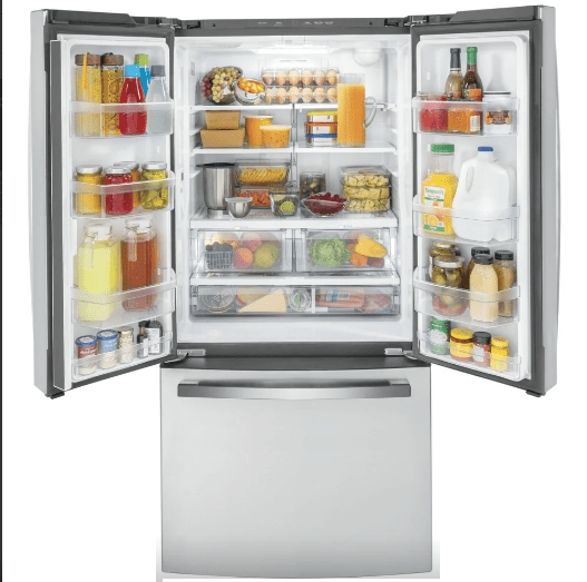 GE GWE19JYLFS /gwe19sp2nws1  / GWE19JYLFFFS French Door Refrigerator, 33" Width, ENERGY STAR Certified, Counter Depth, 18.6 cu. ft. Capacity, Freezer Located Ice Dispenser, Interior Water Dispenser, LED Lighting