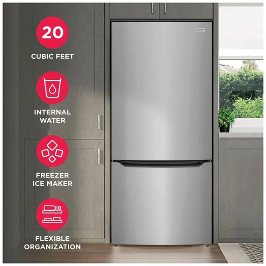 Frigidaire Gallery GRBN2012AF Bottom Freezer Refrigerator, 30 inch Width, ENERGY STAR Certified, Ice Dispenser (Freezer Located), 20 cu. ft. Capacity, Water Dispenser (Interior), Stainless Steel color