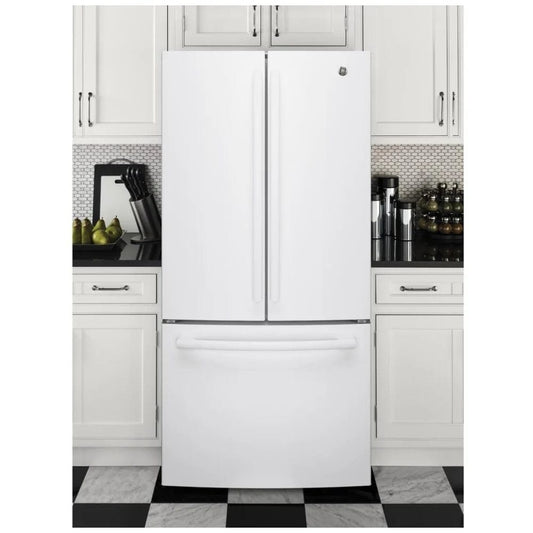 GE GWE19JGLWW /GWE19JGLXFWW  French Door Refrigerator, 33 inch Width, ENERGY STAR Certified, Counter Depth, 18.6 cu. ft. Capacity, White colour Frost Guard, ConnectPlus