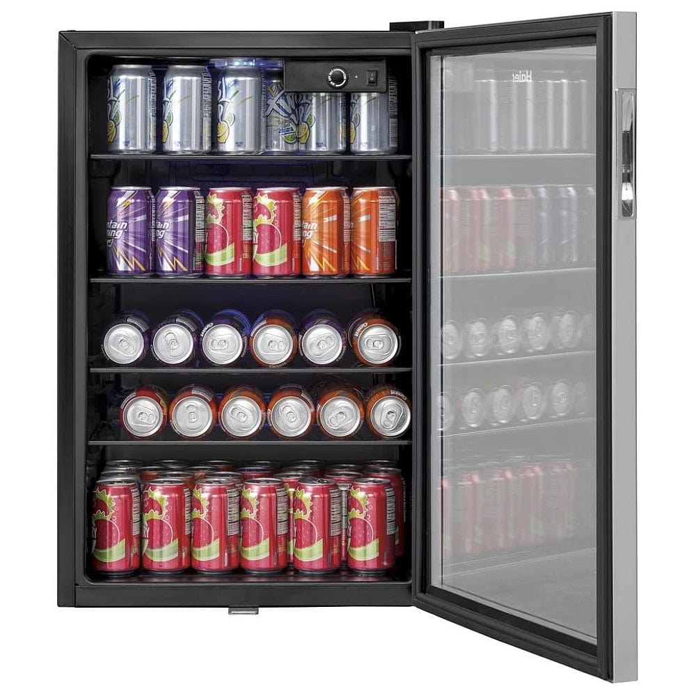 Haier HEBF100BXS Beverage Center, 20 1/2 inch Width, 21 inch Width, Stainless Steel colour 150 Can Capacity, Full-Width Glass Shelving, Security Lock, Recessed Handle and Reversible Door