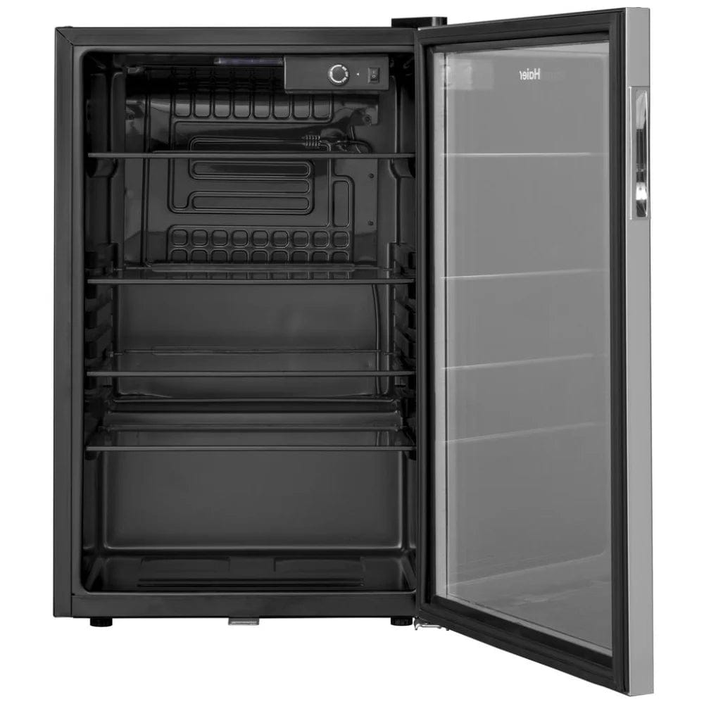 Haier HEBF100BXS Beverage Center, 20 1/2 inch Width, 21 inch Width, Stainless Steel colour 150 Can Capacity, Full-Width Glass Shelving, Security Lock, Recessed Handle and Reversible Door