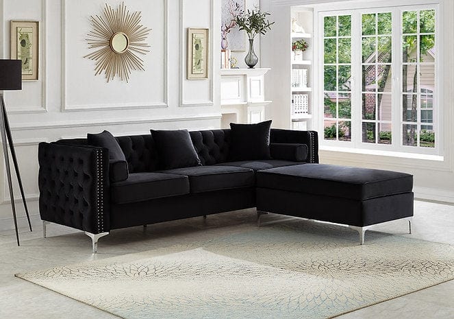 IF-9282 IF-9283 - Black Velvet Reversible Sofa Sectional With Deep Tufting and nail head Details, Chrome legs and Accent Pillows.