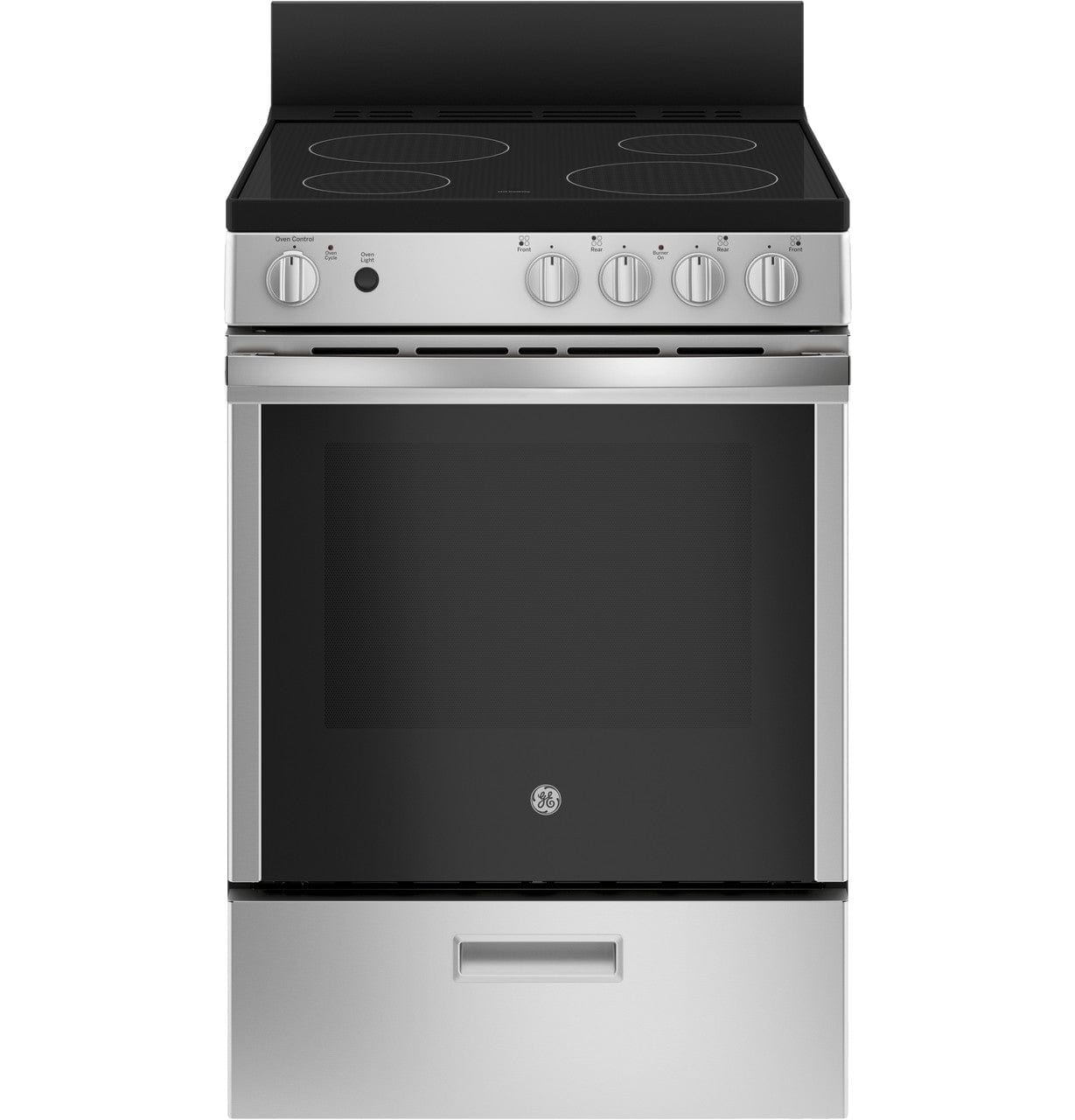 GE JCAS640RMSS Range, 24" Exterior Width, Electric Range, Glass Burners (Electric), 4 Burners, 2.9 cu. ft. Capacity, Storage Drawer, 1 Ovens, 2000W, Front Controls, Stainless Steel colour