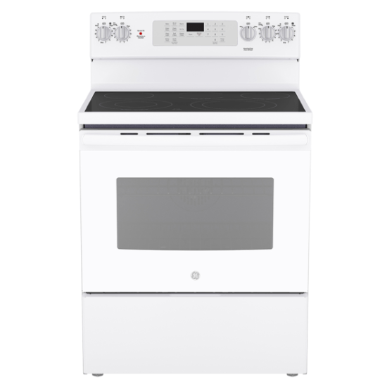 30" GE 5.0 Cu. Ft. Electric Freestanding Smooth Top Range with True European Convection in White - JCB840DVWW