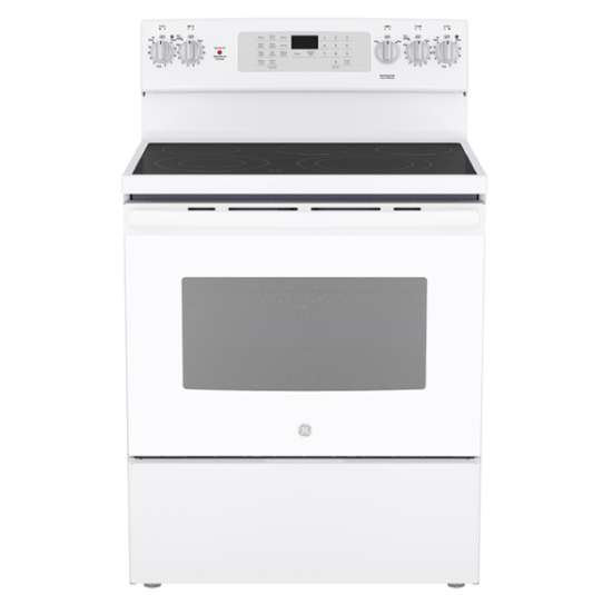 30" GE 5.0 Cu. Ft. Electric Freestanding Smooth Top Range with True European Convection in White - JCB840DVWW