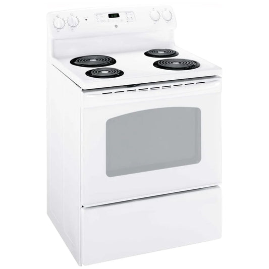 GE JCBS280DMWW Electric Range, 30" Exterior Width, 4 Burners, 5.0 cu. ft. Capacity, Storage Drawer, 1 Ovens, White (JCBS280DMWW)