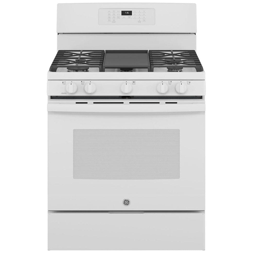 GE JCGB735DPWW Gas Range, 30 inch Exterior Width, Self Clean, Convection, 5 Burners, 5.0 cu. ft. Capacity, Storage Drawer, Air Fry, 1 Ovens, White