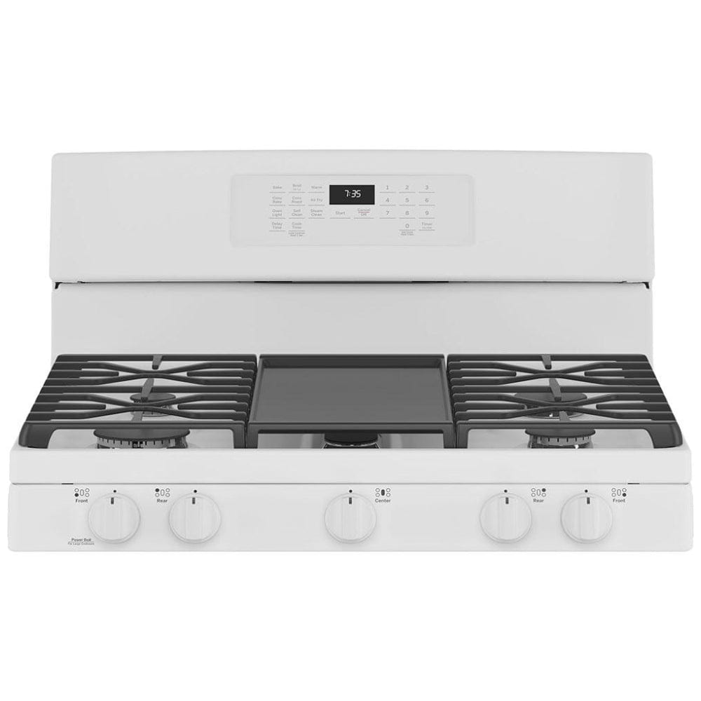 GE JCGB735DPWW Gas Range, 30 inch Exterior Width, Self Clean, Convection, 5 Burners, 5.0 cu. ft. Capacity, Storage Drawer, Air Fry, 1 Ovens, White