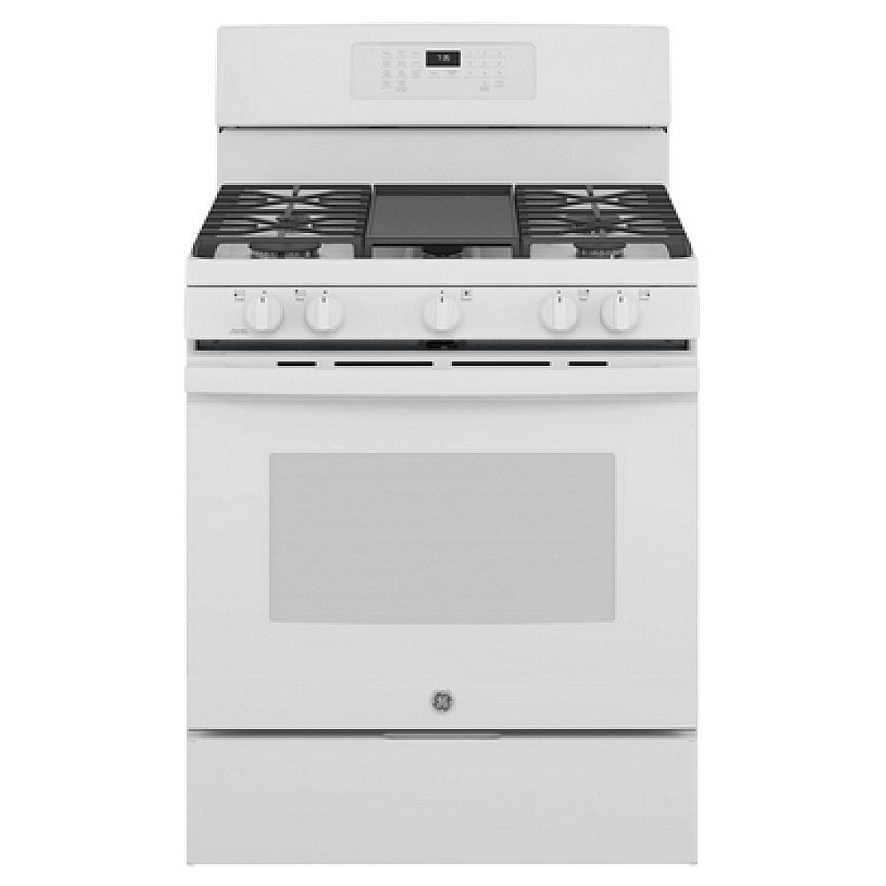 GE JCGB735DPWW Gas Range, 30 inch Exterior Width, Self Clean, Convection, 5 Burners, 5.0 cu. ft. Capacity, Storage Drawer, Air Fry, 1 Ovens, White