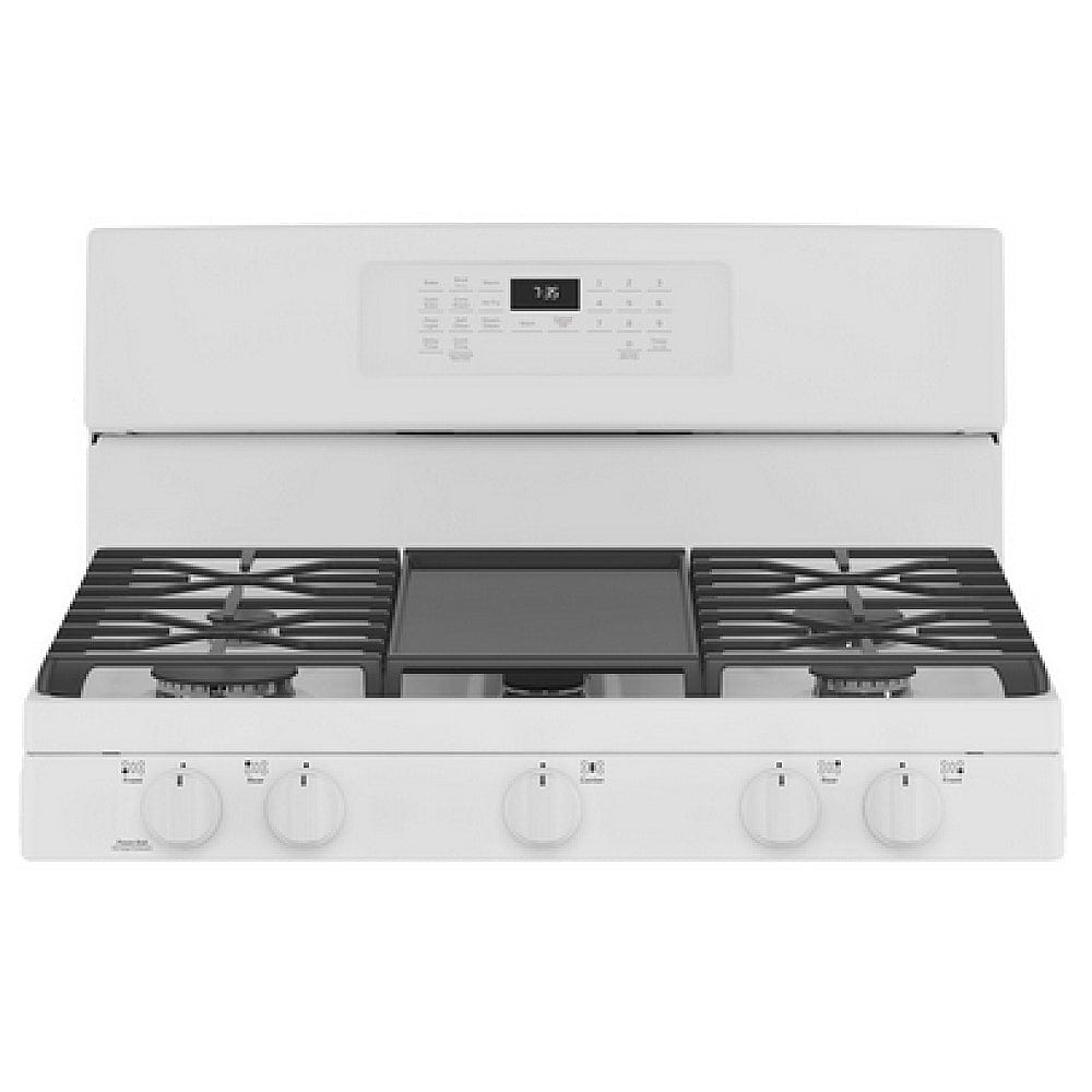 GE JCGB735DPWW Gas Range, 30 inch Exterior Width, Self Clean, Convection, 5 Burners, 5.0 cu. ft. Capacity, Storage Drawer, Air Fry, 1 Ovens, White