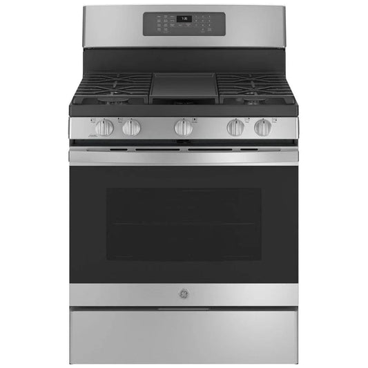 GE JCGB735SPSS Gas Range, 5 cu. ft. Capacity, 30 inch Exterior Width, Self Clean, Convection, 5 Burners, Storage Drawer, Air Fry, 18,000 BTU Highest Burner, Stainless Steel color RF