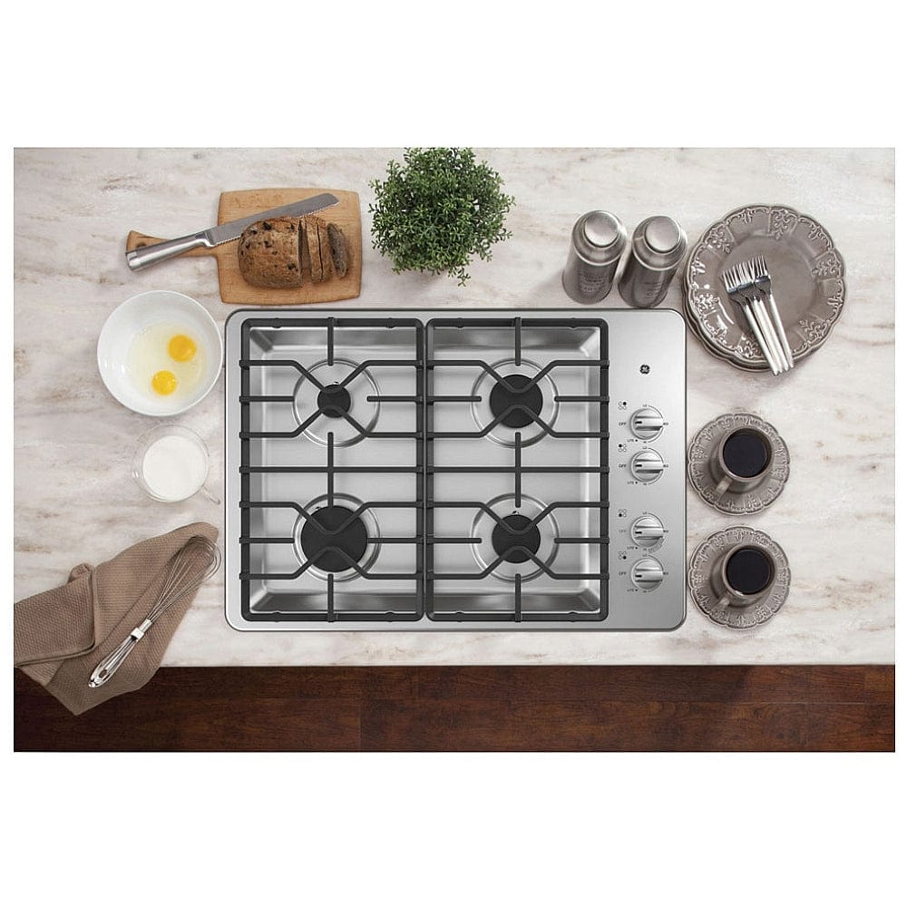 GE 30" W Gas Cooktop with 4-Burners Including Power Burners in Stainless Steel (JGP3030DLBB)