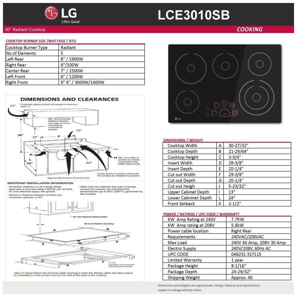 LG LCE3010SB Electric Cooktop, 30 inch Exterior Width, 5 Burners, Black colour