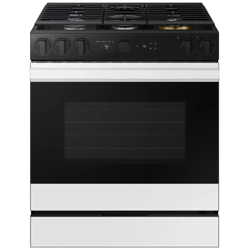 Samsung Bespoke NSG6DB870012AA Gas Range, 6 cu. ft. Capacity, 30 inch Exterior Width, Self Clean, True Convection, 5 Burners, Air Fry, 23,000 BTU Highest Burner, White Glass, Griddle, Wok Ring, Temperature Probe, True European Convection