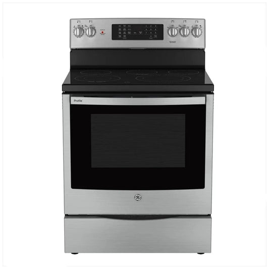 GE Profile PCB905YVFS Electric Range, 6.2 cu. ft. Capacity, 30 inch Exterior Width, Self Clean, Convection, 5 Burners, Storage Drawer, Air Fry, Stainless Steel color True European Convection RF