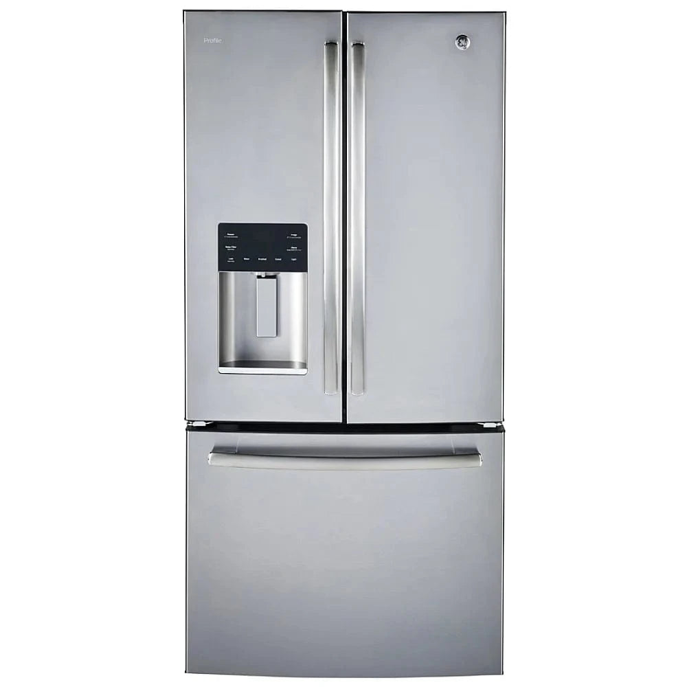 GE Profile PYE18HYRKFS Bottom Freezer French Door Refrigerator, 33 inch Width, ENERGY STAR Certified, 17.5 cu. ft. Capacity, Counter Depth, Water Dispenser (Exterior), Ice Dispenser (Thru Door), Stainless Steel colour APF technology