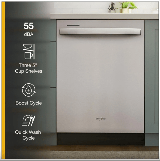 Whirlpool WDT540HAMZ Dishwasher, 24 inch Exterior Width, 55 dB Decibel Level, 4 Wash Cycles, Stainless Steel colour