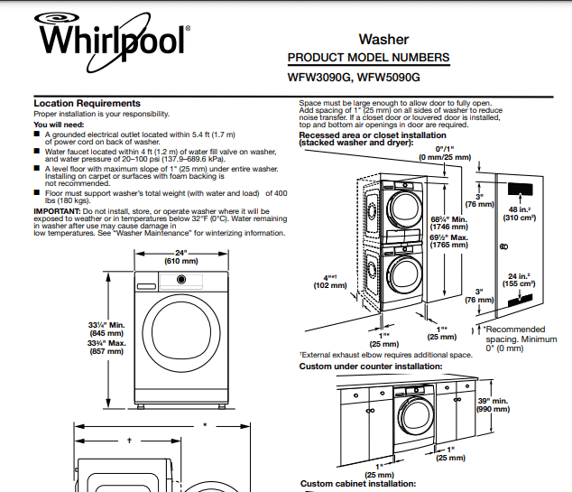 Whirlpool® 1.9 Cu. Ft. White Front Load Compact Washer Model #: WFW3090JW-C