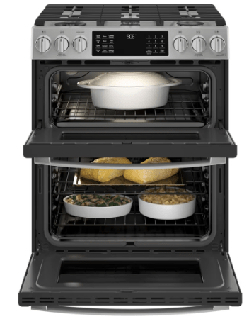 GE Profile PCGS960YPFS Range, 30" Exterior Width, Gas Range, Self Clean, Gas Burners, Convection, 5 Burners, Air Fry, 2 Ovens, Wifi Enabled, 21K BTU, Front Controls, Stainless Steel colour