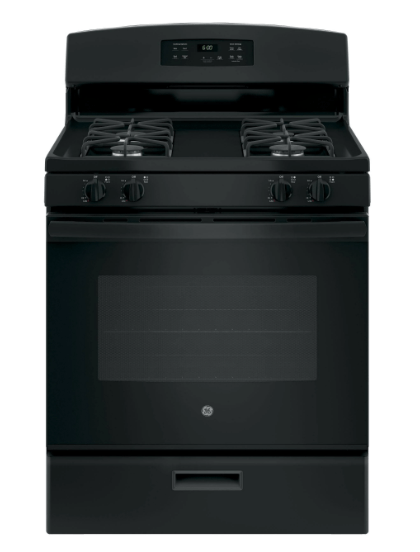 GE JCGBS60DEKBB Range, 30" Exterior Width, Gas Range, Gas Burners, 4 Burners, 5.0 cu. ft. Capacity, Storage Drawer, 1 Ovens, 13K BTU, Front Controls & Rear Controls, Black colour