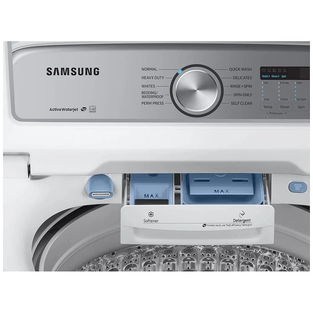 Samsung WA50R5200AW - WA50R5200AW/US Top Load Washer, 27 1/2 inch Width, ENERGY STAR Certified, 5.8 cu. ft. Capacity, 8 Wash Cycles, 5 Temperature Settings, 750 RPM Washer Spin Speed, White colour Soft Close Lid, Water Faucet