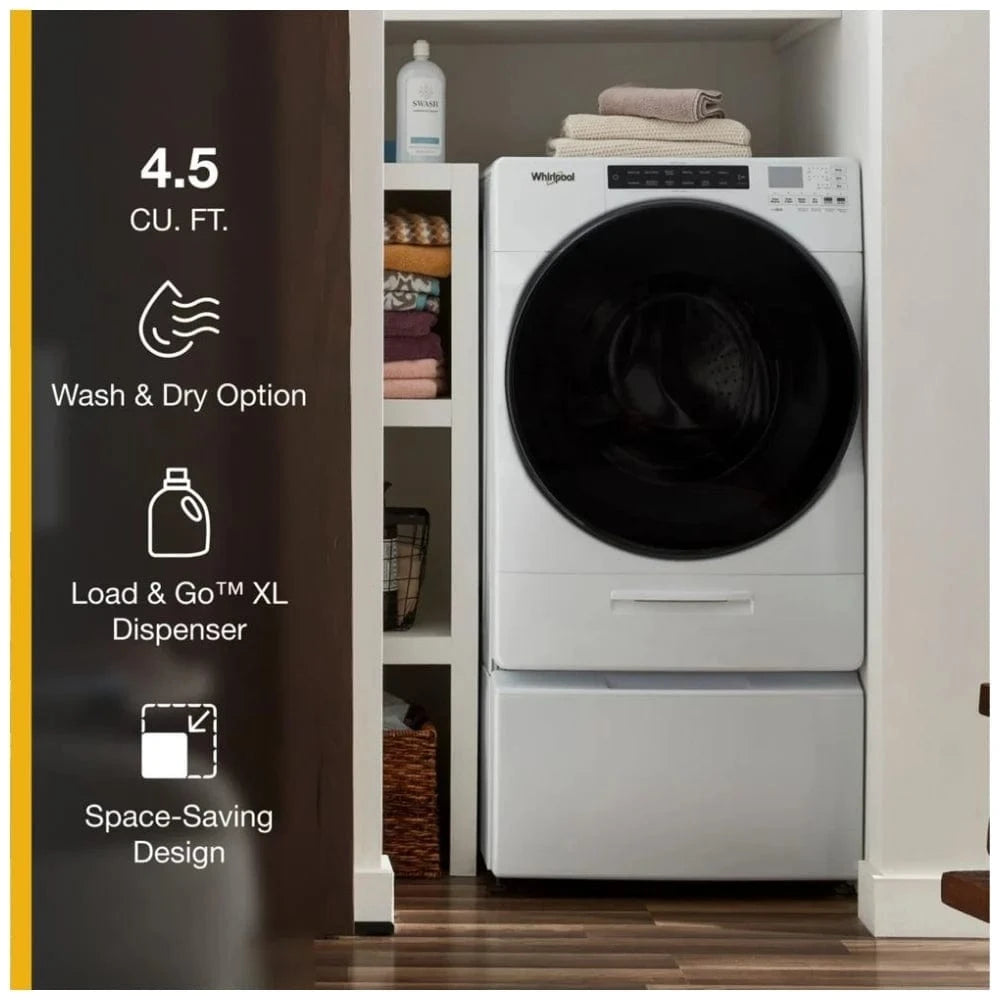 Whirlpool WFC682CLW All-in-One Washer Dryer Combo, 5.2 cu. ft. Washer Capacity, Steam Clean, 41 Wash Cycles, 5 Temperature Settings, 1,160 RPM Washer Spin Speed, Electric, White color Load & Go XL Plus Dispenser, All-In-One Washer & Dryer