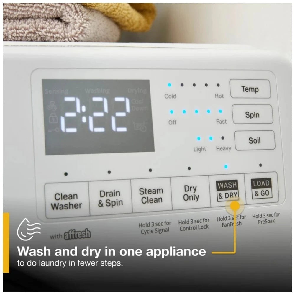 Whirlpool WFC682CLW All-in-One Washer Dryer Combo, 5.2 cu. ft. Washer Capacity, Steam Clean, 41 Wash Cycles, 5 Temperature Settings, 1,160 RPM Washer Spin Speed, Electric, White color Load & Go XL Plus Dispenser, All-In-One Washer & Dryer