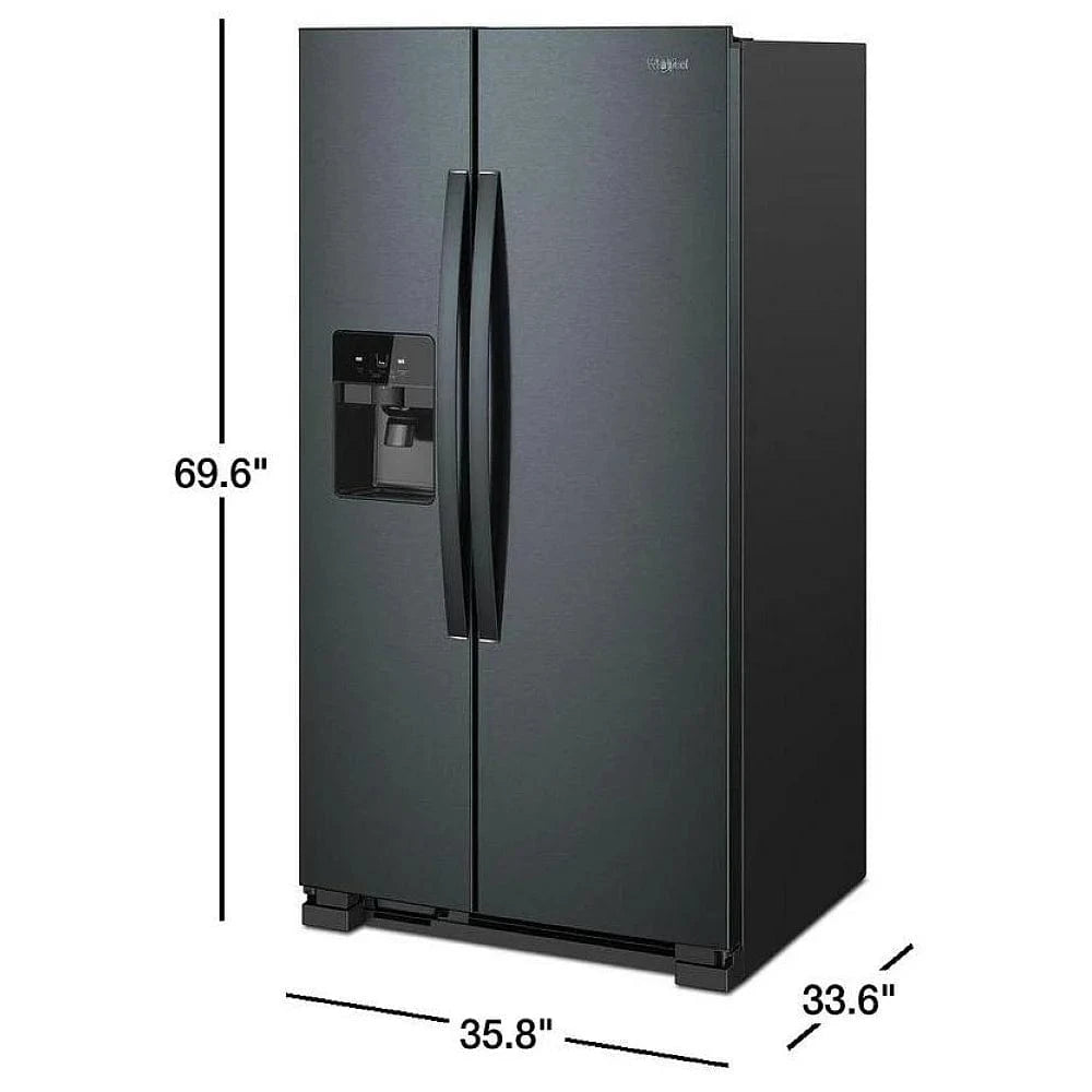 Whirlpool WRS325SDHV Side by Side Refrigerator, 36 inch Width, Ice Dispenser (Thru Door), Water Dispenser (Exterior), 25 cu. ft. Capacity, Black Stainless Steel color
