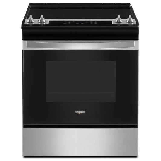 Whirlpool YWEE515S0LS Electric Range, 4.8 cu. ft. Capacity, 30 inch Exterior Width, 4 Burners, Storage Drawer, Self Clean, 3,000 Watts Highest Burner Element, Stainless Steel color, FlexHeat™ Elements, Frozen Bake