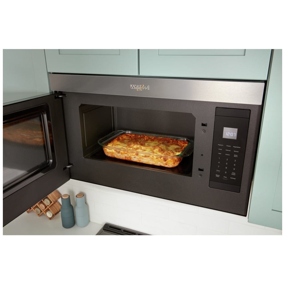 Whirlpool YWMMF5930PV Over the Range Microwave, 30 inch Exterior Width, 1.1 cu. ft. Capacity, 300 CFM, 1,000 W Watts, Black Stainless Steel color flush mount
