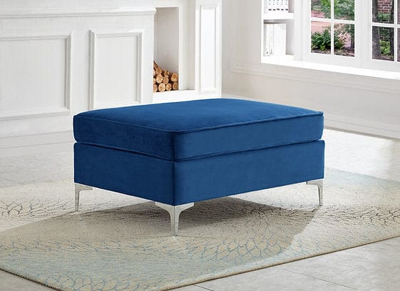 IF-9284 IF-9285 -Blue Velvet & Reversible & Sofa Sectional With Deep Tufting and nail head Details, Chrome legs and Accent Pillows.