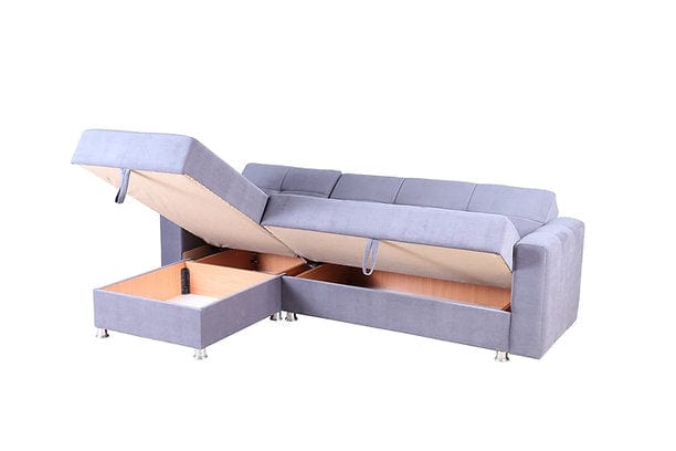 IF-9470/ 9471 - Sofa bed Sectional With a Large Lift up Storage Compartment, Chrome Legs, 2 Side Pillows in a Soft Grey Fabric. Optional Storage Ottoman Available. Reversible Left or Right-Hand Chaise.