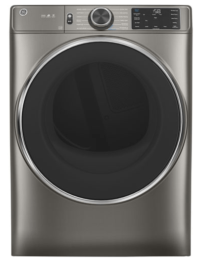 GE GFD65ESMNSN Dryer, 28 inch Width, Electric, 7.8 cu. ft. Capacity, Steam Clean, 4 Temperature Settings, Stackable, Steel Drum, Wifi Enabled, Satin Nickel colour